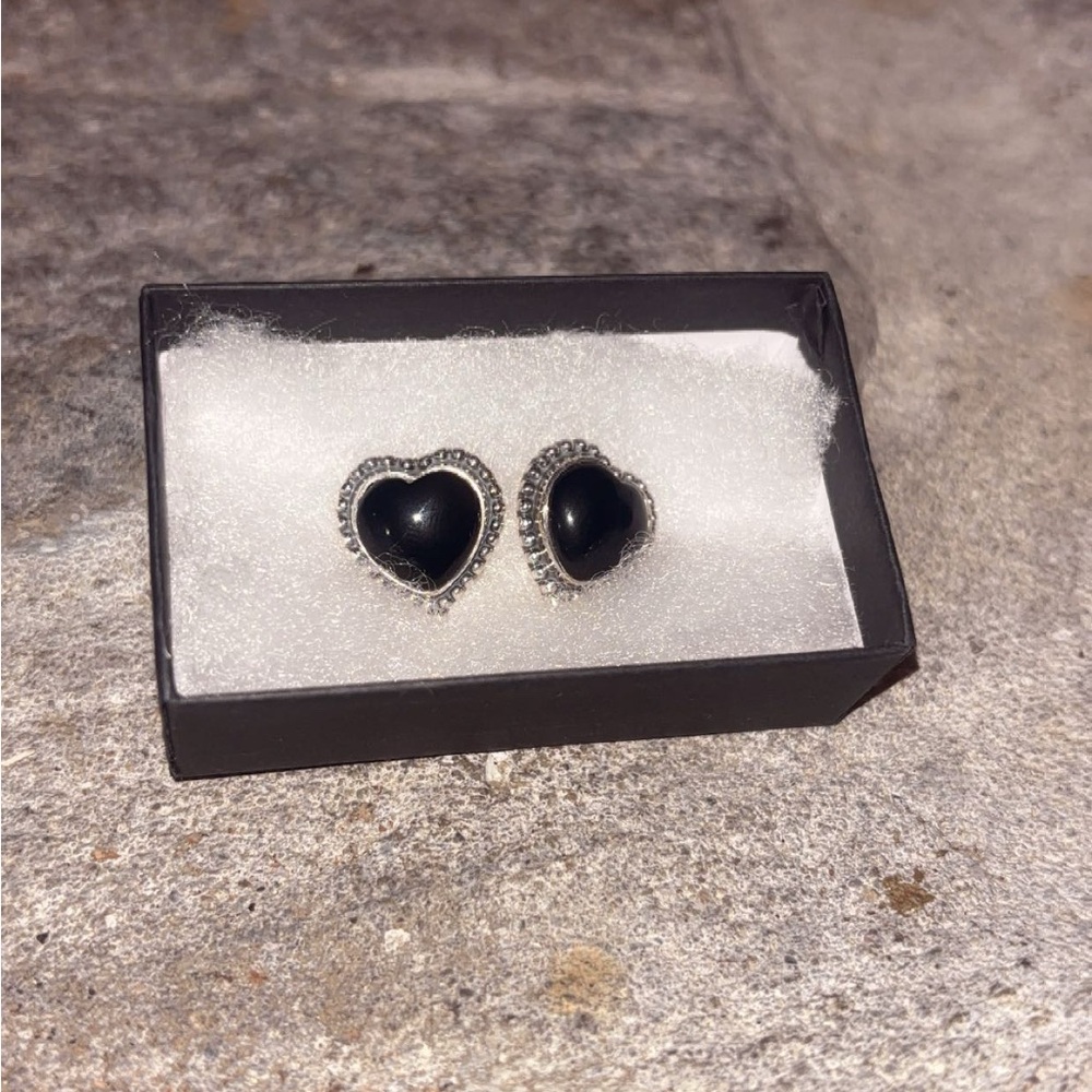 Sterling Silver and Black Onyx Heart Stud Earrings